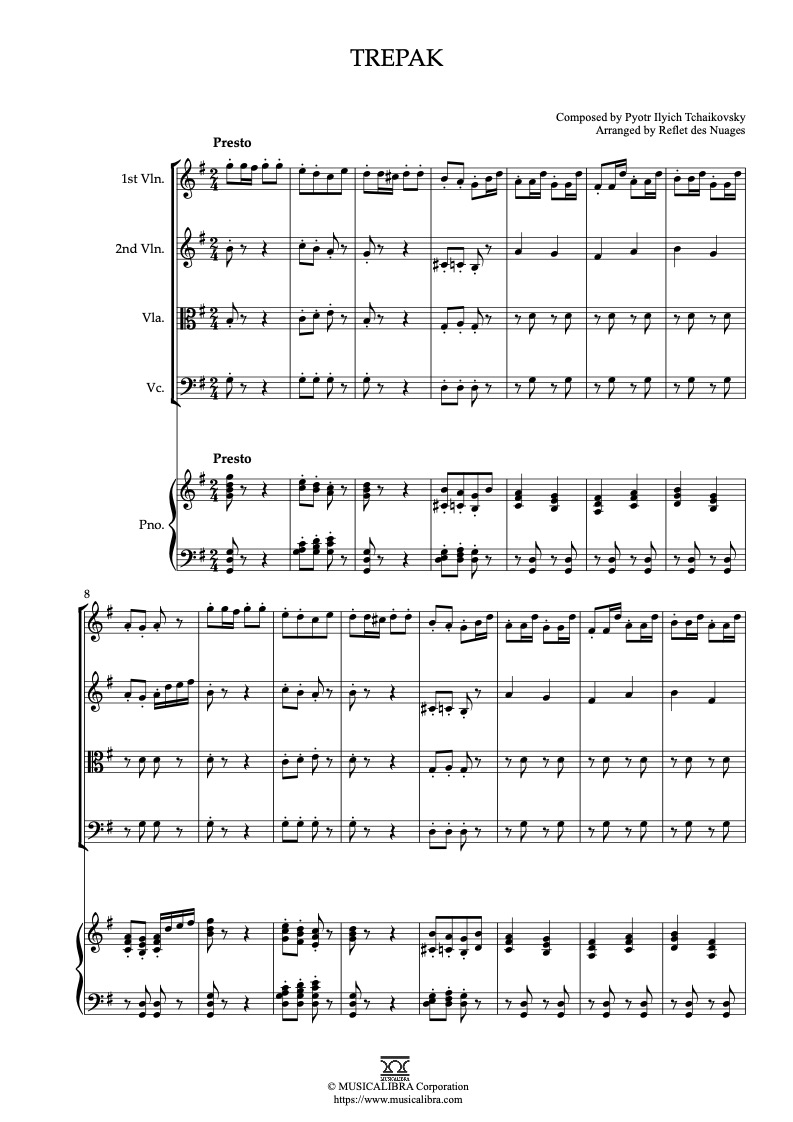 Sheet music of Trepak (The Nutcracker) arranged for violins, viola, cello and piano quintet preview page 1