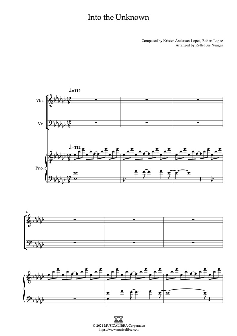 Into the Unknown 三重奏 乐谱 - 小提琴, 大提琴, 钢琴