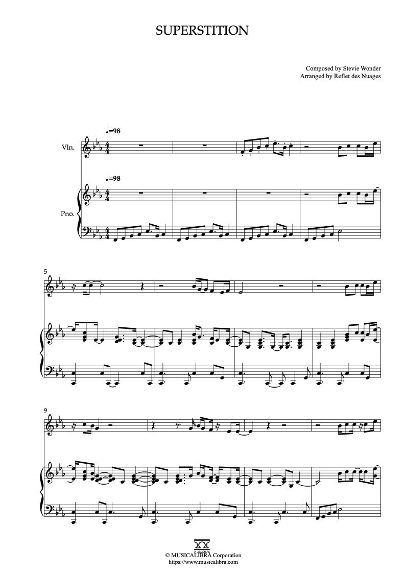 Sheet music of Stevie Wonder Superstition arranged for violin and piano duet chamber ensemble preview page 1