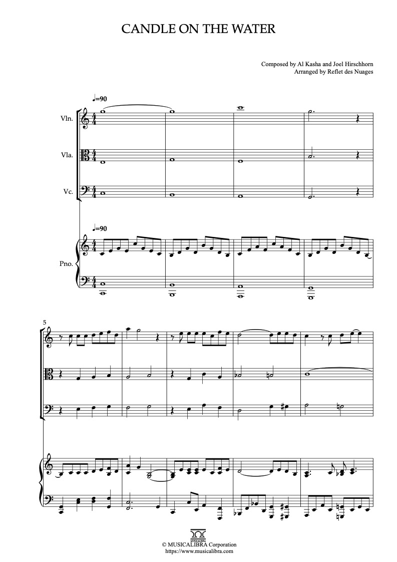 Partitura de Pete's Dragon Candle on the Water arreglada para cuarteto de violín, viola, violonchelo y piano