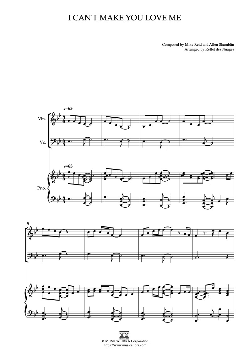 Partitura de I Can't Make You Love Me arreglada para trío de violín, violonchelo y piano