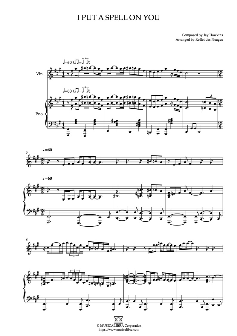 Sheet music of Annie Lennox I Put a Spell on You arranged for violin and piano duet chamber ensemble preview page 1