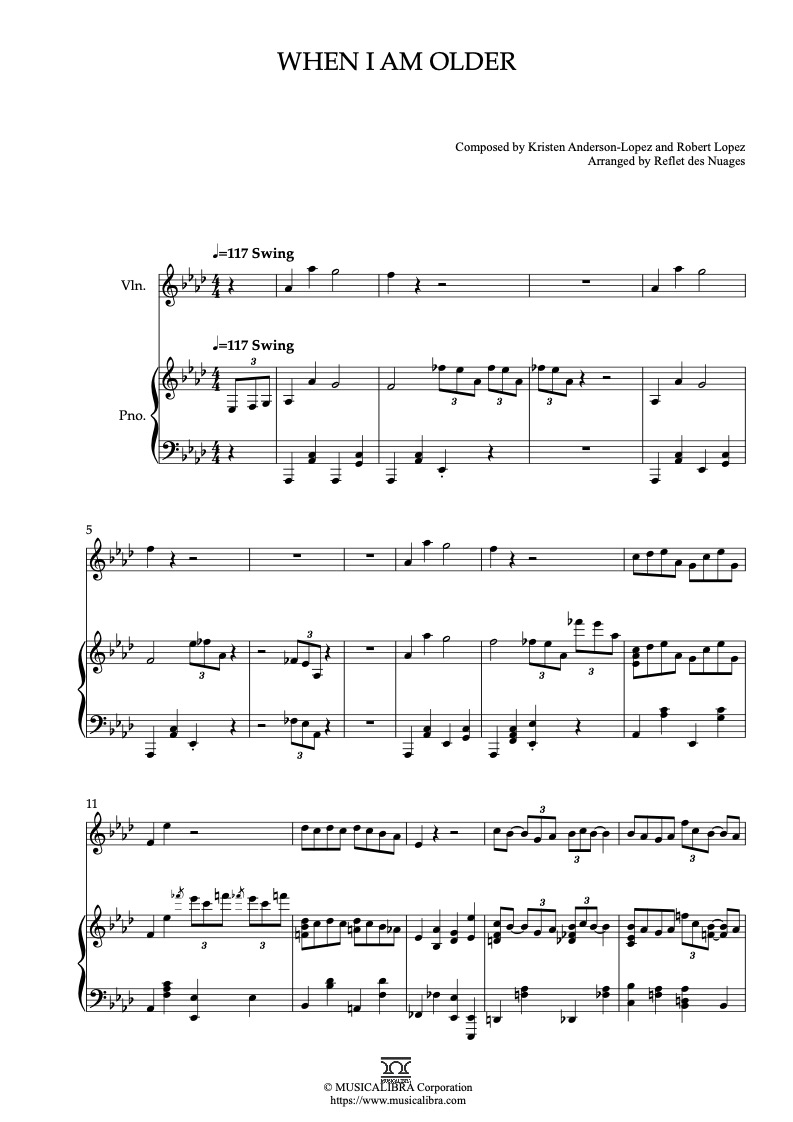 Frozen 2 When I Am Older 編曲楽譜 - ヴァイオリン、ピアノデュエット