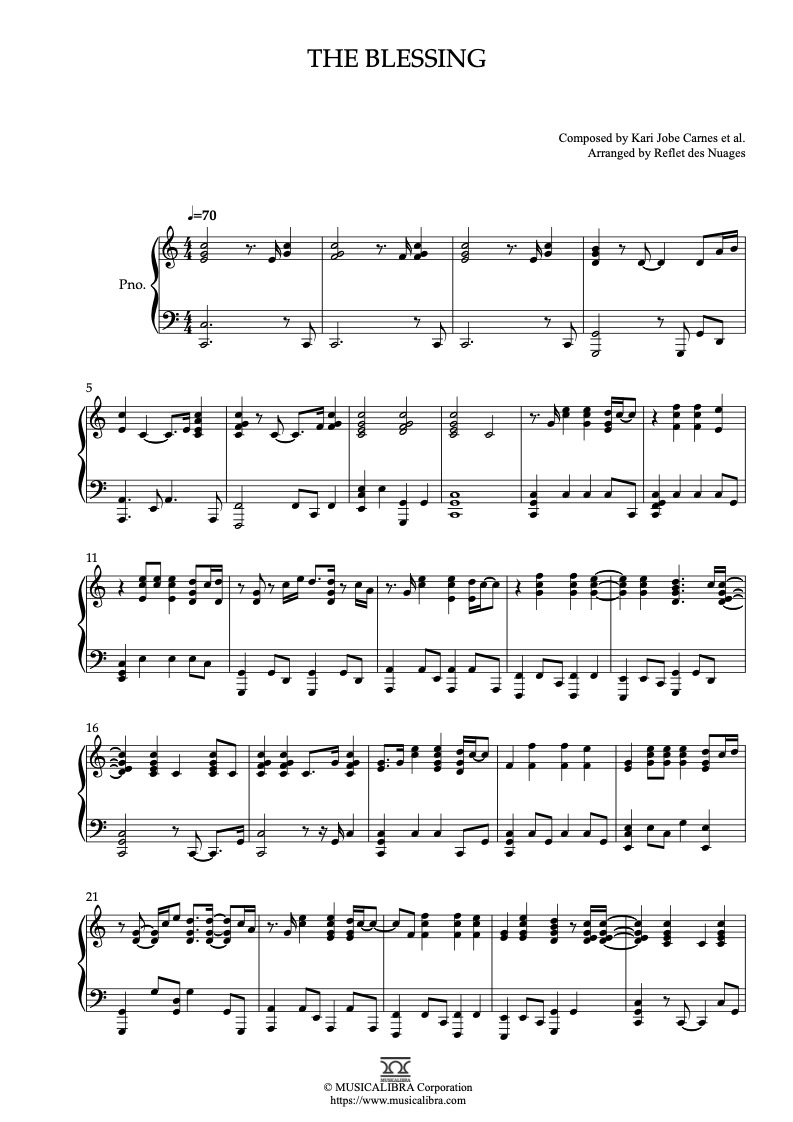 Partitura de The Blessing arreglada para piano solo