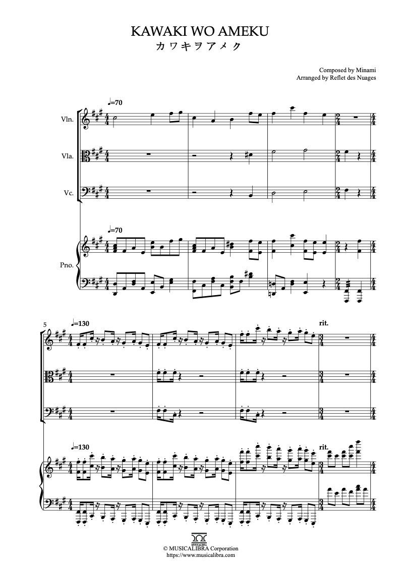 Partitura de Minami Kawaki wo Ameku arreglada para cuarteto de violín, viola, violonchelo y piano