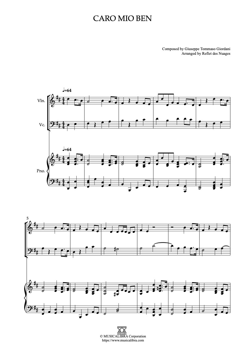 Partitura de Caro Mio Ben arreglada para trío de violín, violonchelo y piano