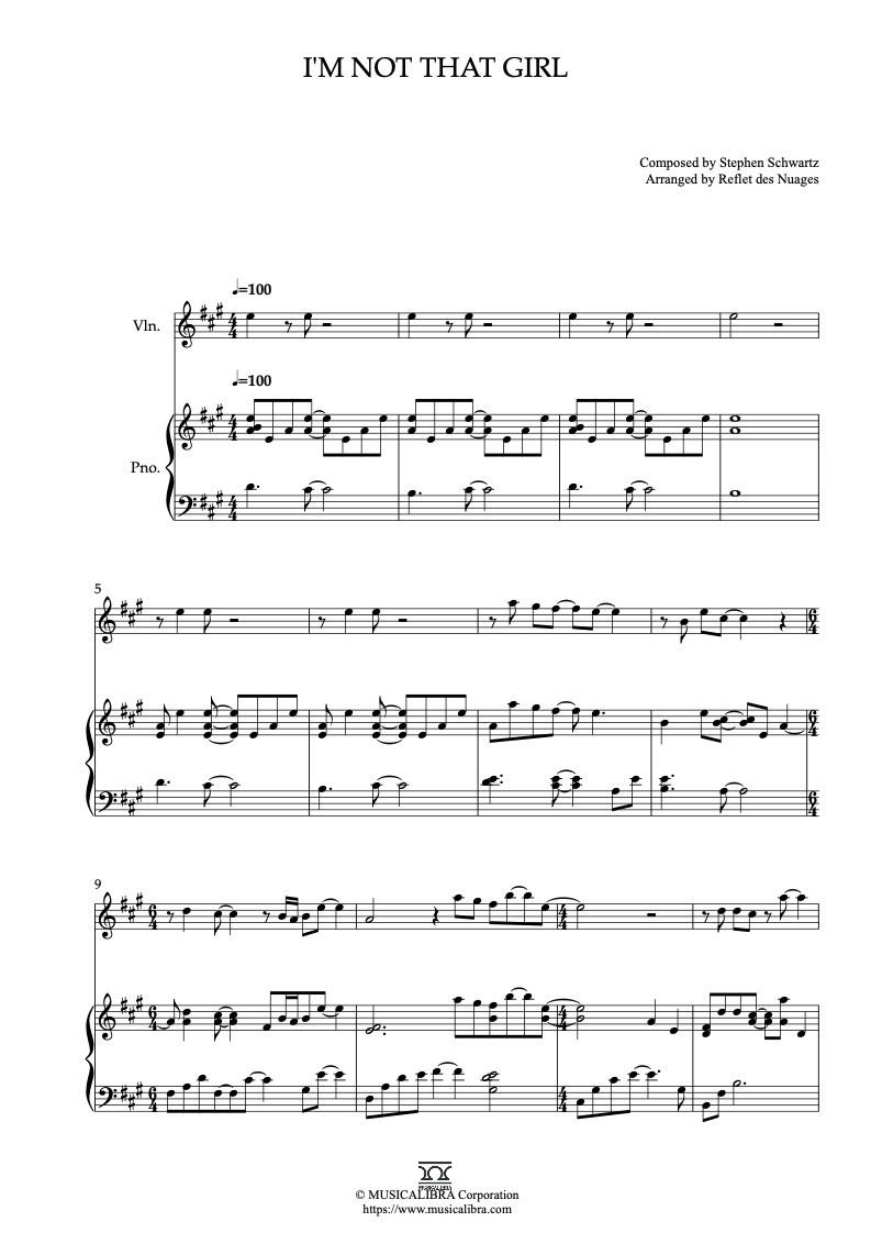 Sheet music of Wicked I'm Not That Girl arranged for violin and piano duet chamber ensemble preview page 1