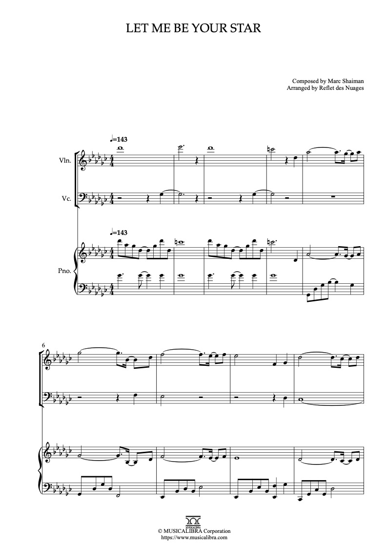 Sheet music of Let Me Be Your Star arranged for violin, cello and piano trio chamber ensemble preview page 1