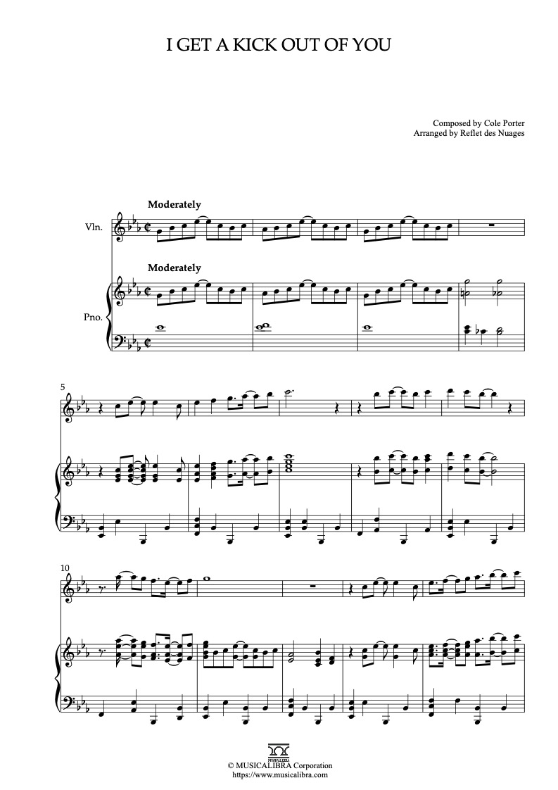 Sheet music of I Get a Kick Out of You arranged for violin and piano duet chamber ensemble preview page 1