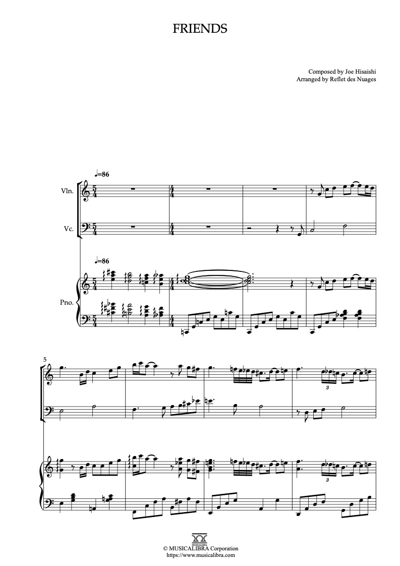 Sheet music of Joe Hisaishi Friends arranged for violin, cello and piano trio chamber ensemble preview page 1