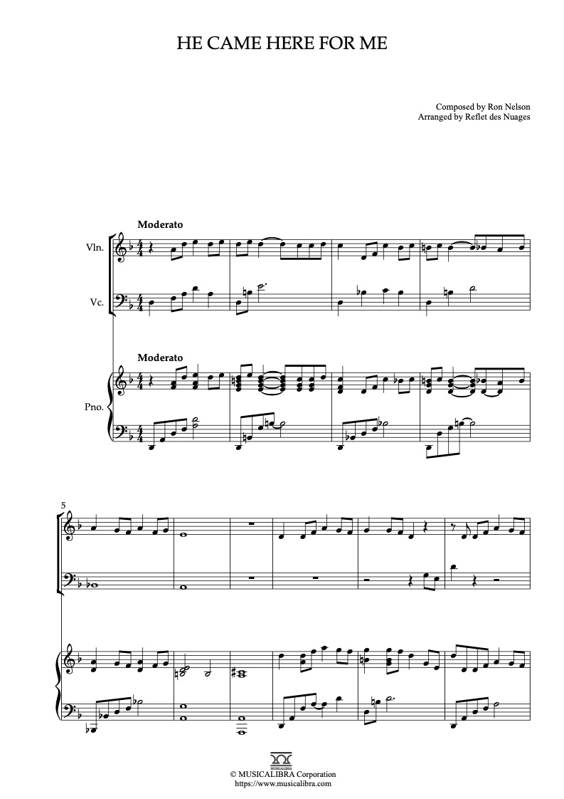 Partitura de The Carpenters He Came Here for Me arreglada para trío de violín, violonchelo y piano