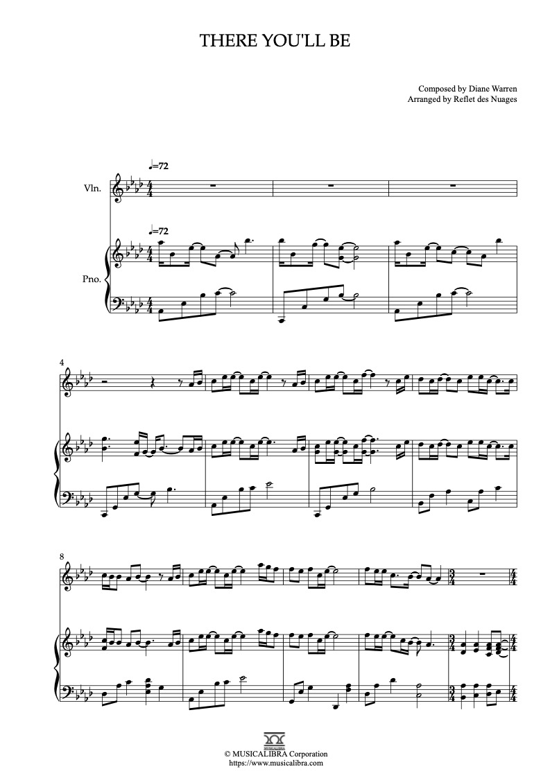 Sheet music of Faith Hill There You'll Be arranged for violin and piano duet chamber ensemble preview page 1