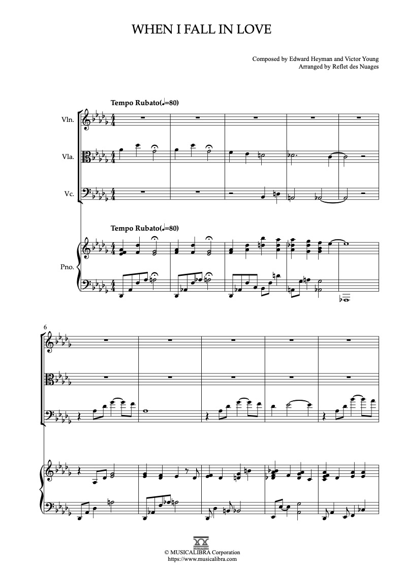 Partitura de When I Fall in Love arreglada para cuarteto de violín, viola, violonchelo y piano