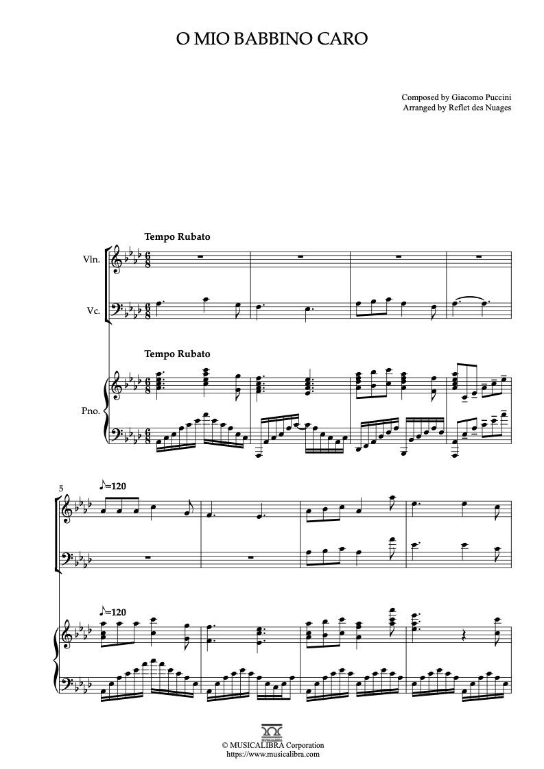 Sheet music of O mio babbino caro arranged for violin, cello and piano trio chamber ensemble preview page 1