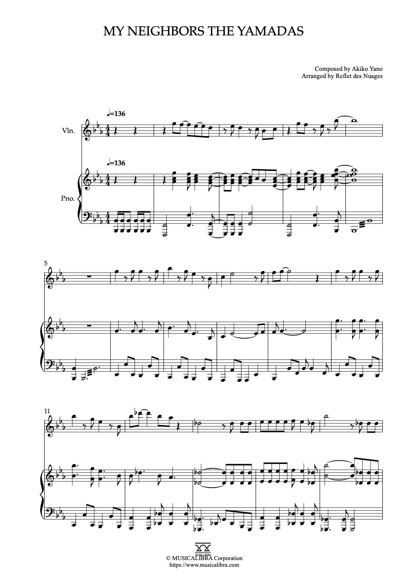 My Neighbors the Yamadas 編曲楽譜 - ヴァイオリン、ピアノデュエット