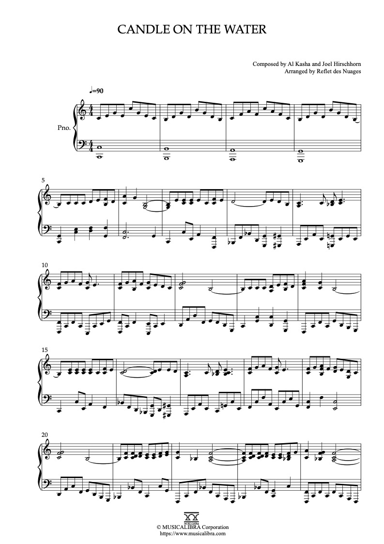 Sheet music of Pete's Dragon Candle on the Water arranged for piano solo preview page 1