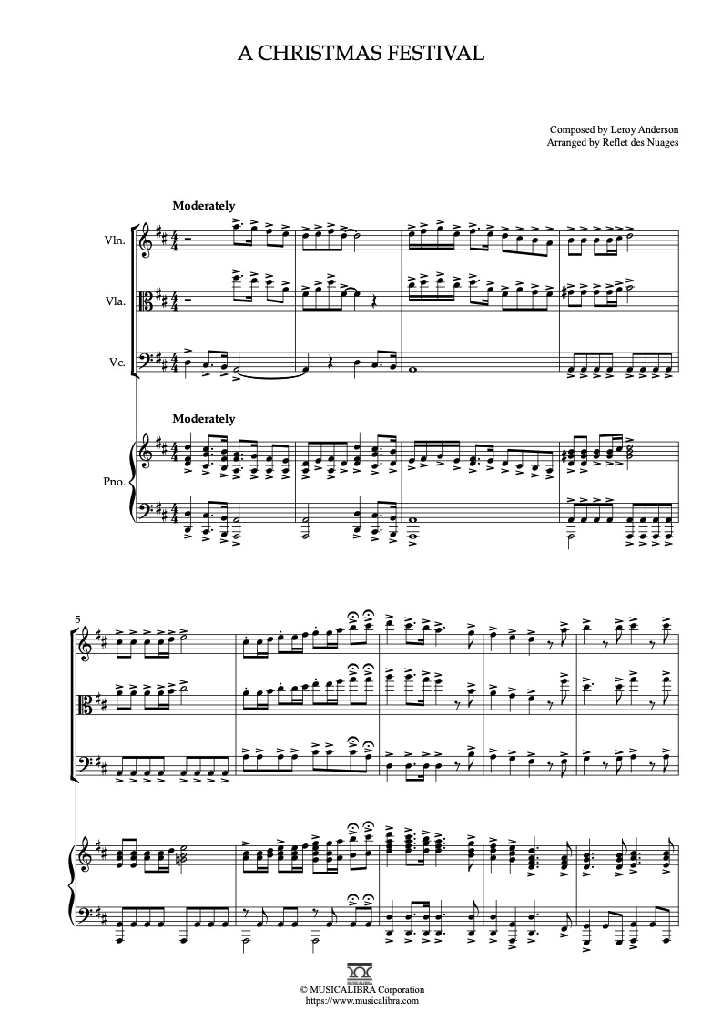 Sheet music of A Christmas Festival arranged for violin, viola, cello and piano quartet chamber ensemble preview page 1