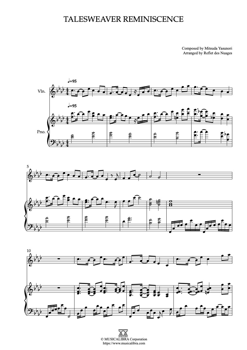 Sheet music of TalesWeaver Reminiscence arranged for violin and piano duet preview page 1