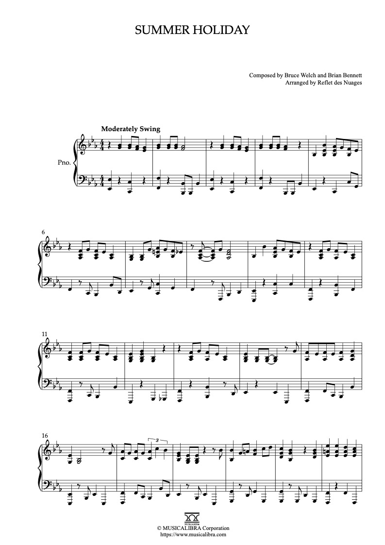 Sheet music of Cliff Richard Summer Holiday arranged for piano solo preview page 1
