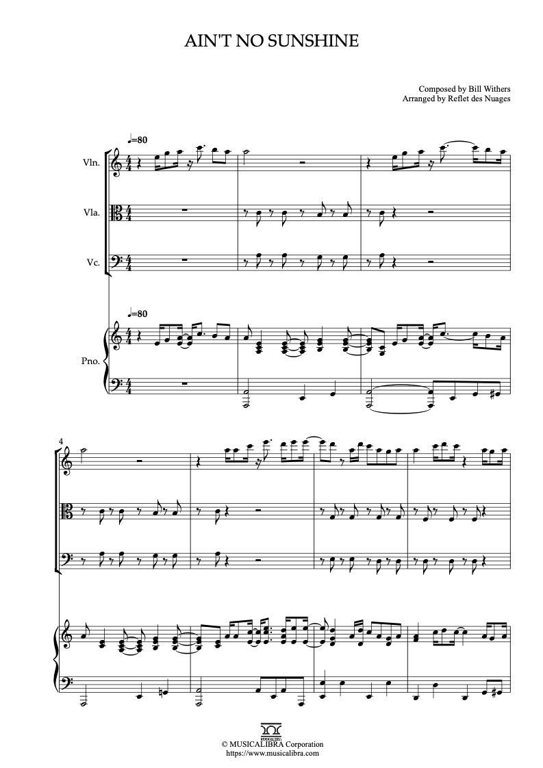 Partitura de Bill Withers Ain't No Sunshine arreglada para cuarteto de violín, viola, violonchelo y piano