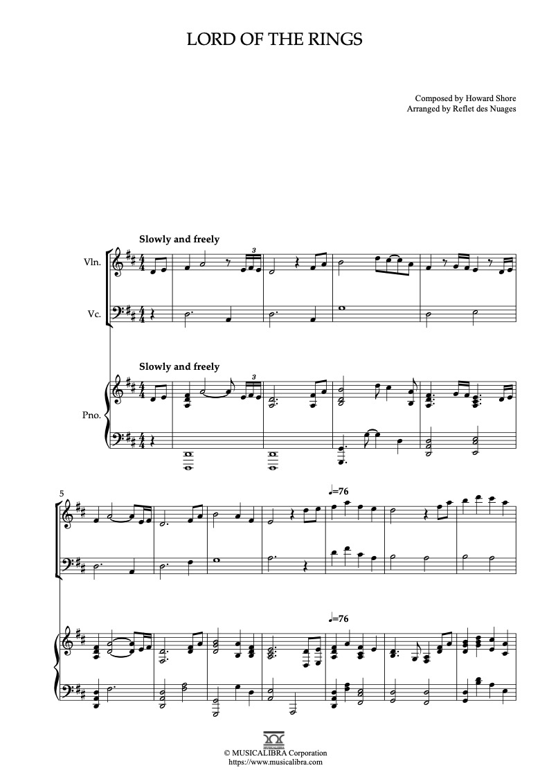 Lord of the Rings 三重奏 乐谱 - 小提琴, 大提琴, 钢琴