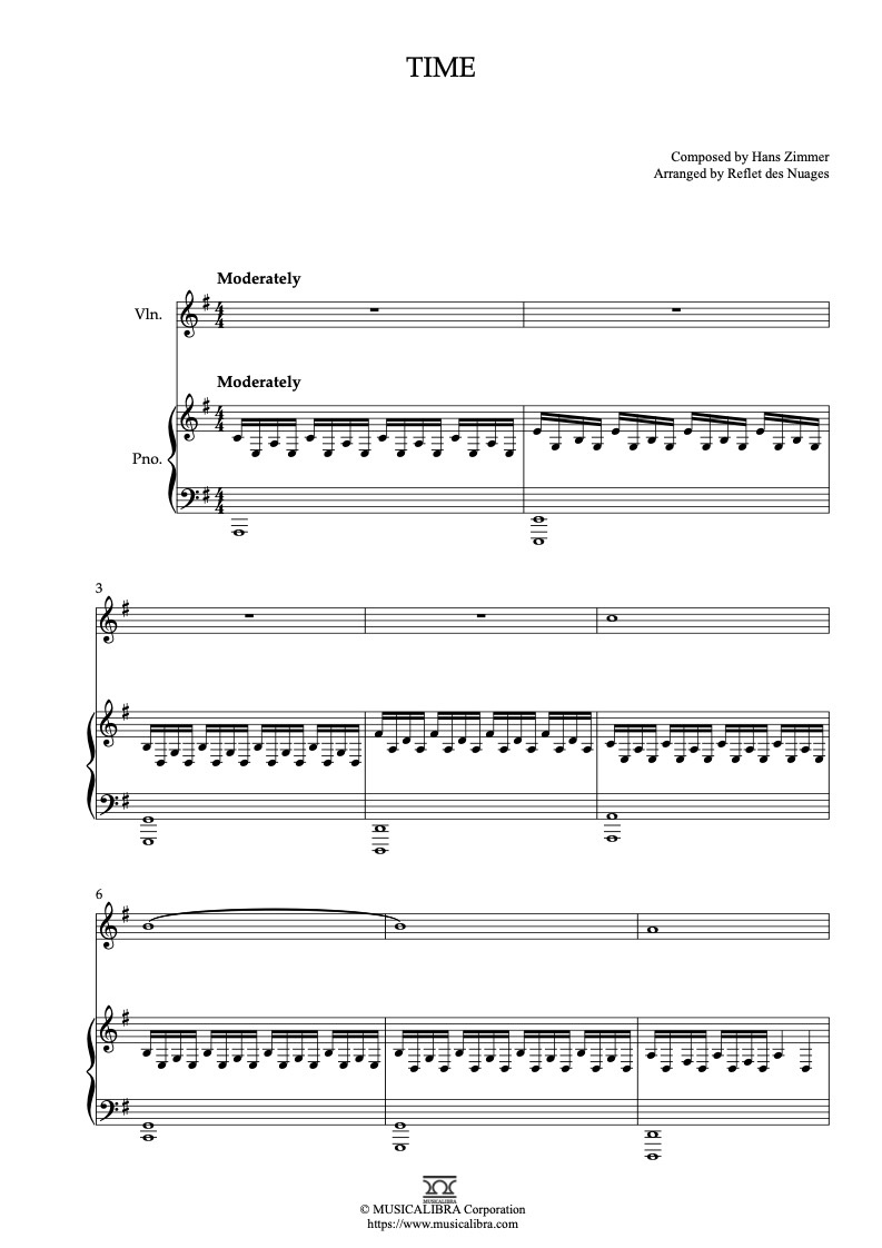 Time(Inception) 編曲楽譜 - ヴァイオリン、ピアノデュエット