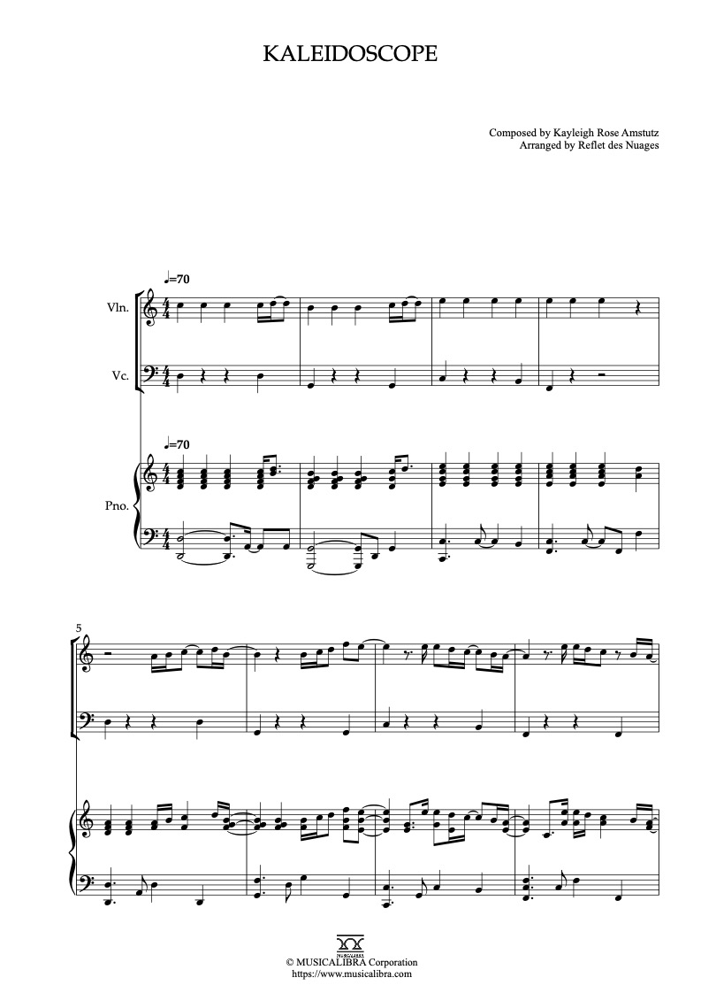 Sheet music of Kaleidoscope arranged for violin, cello and piano trio chamber ensemble preview page 1