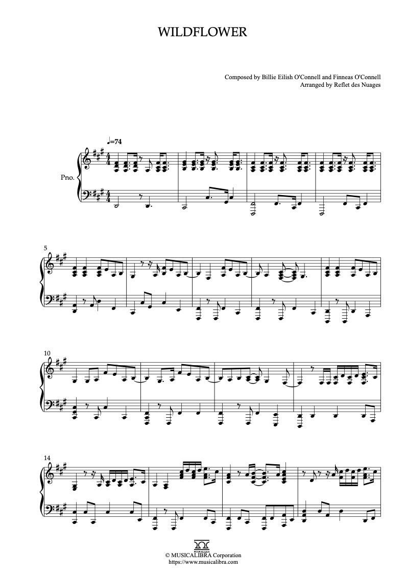 Sheet music of Billie Eilish WILDFLOWER arranged for piano solo preview page 1