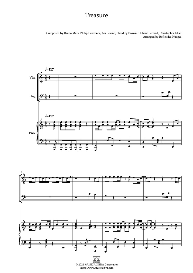 Bruno Mars Treasure 三重奏 乐谱 - 小提琴, 大提琴, 钢琴