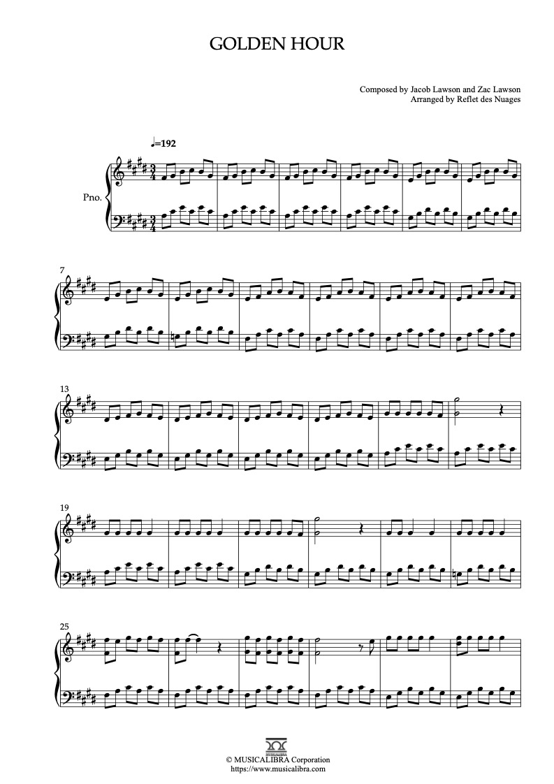 Sheet music of JVKE golden hour arranged for piano solo preview page 1