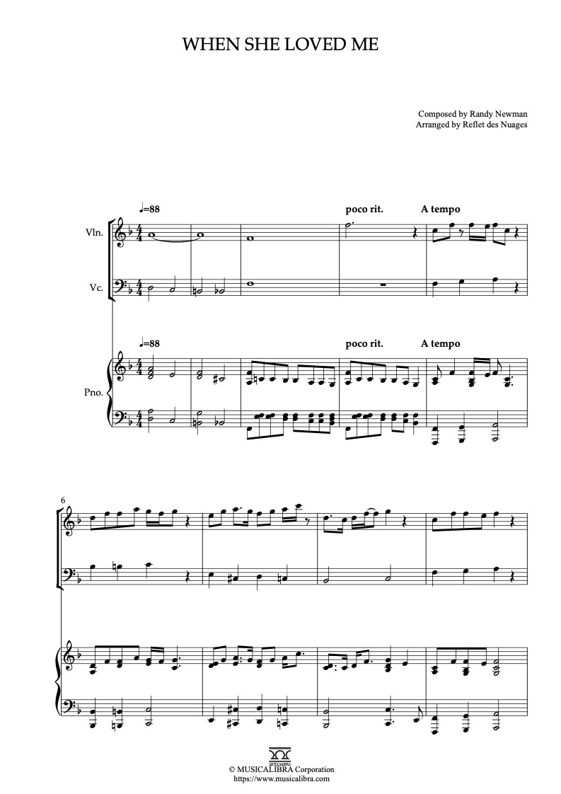Partitura de Toy Story 2 When She Loved Me arreglada para trío de violín, violonchelo y piano
