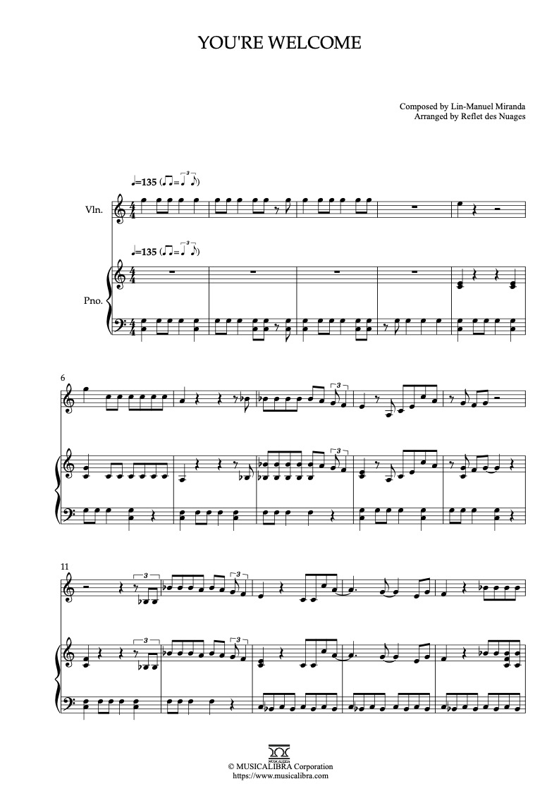 Moana You’re Welcome 二重奏 乐谱 - 小提琴, 钢琴