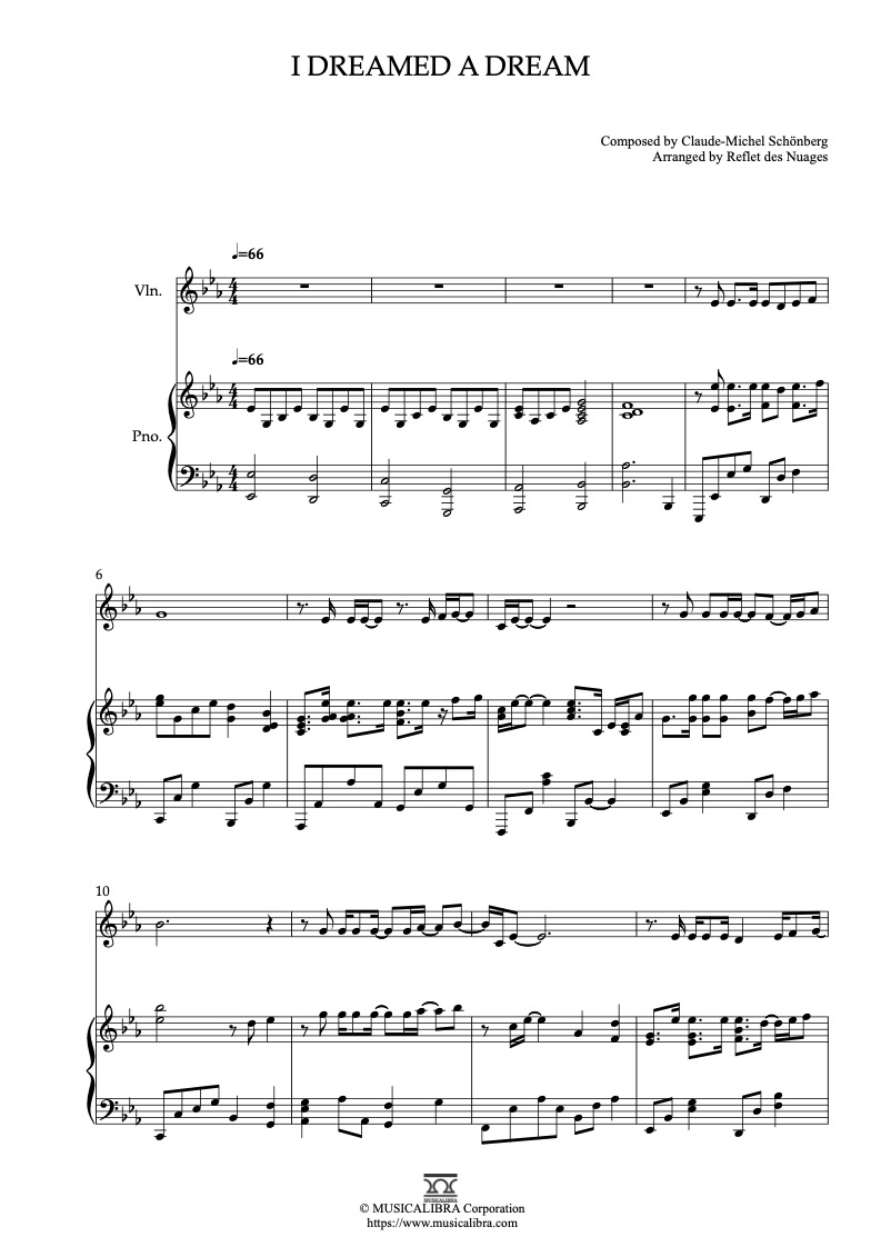 Les Misérables I Dreamed a Dream 二重奏 乐谱 - 小提琴, 钢琴