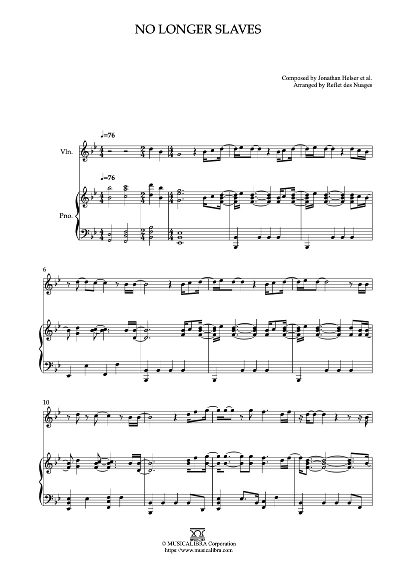 Sheet music of Bethel Music No Longer Slaves arranged for violin and piano duet preview page 1