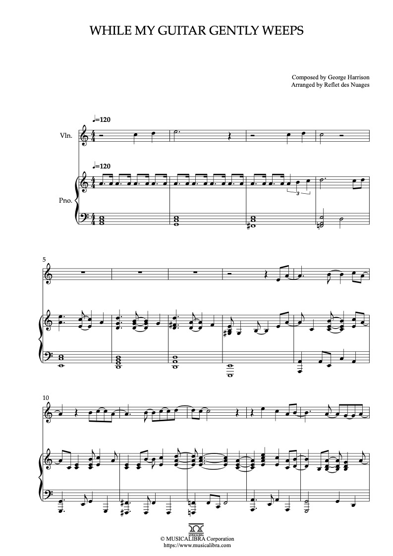 Partitura de Kubo and the Two Strings While My Guitar Gently Weeps arreglada para dueto de violín y piano