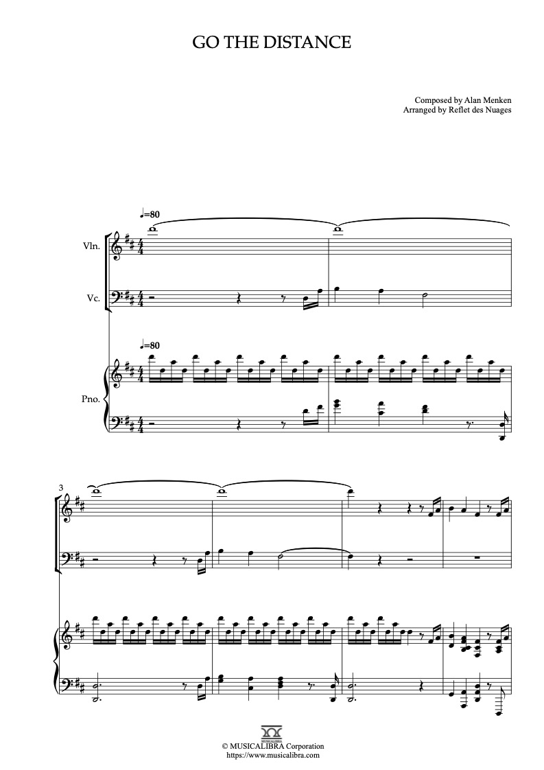 Hercules Theme Go the Distance 三重奏 乐谱 - 小提琴, 大提琴, 钢琴