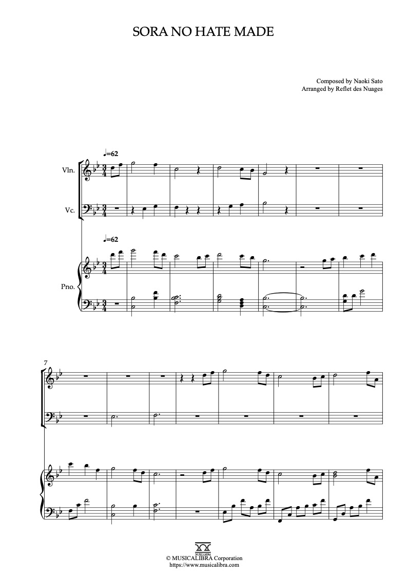 Sheet music of Sword of the Stranger Sora no hate made arranged for violin, cello and piano trio chamber ensemble preview page 1