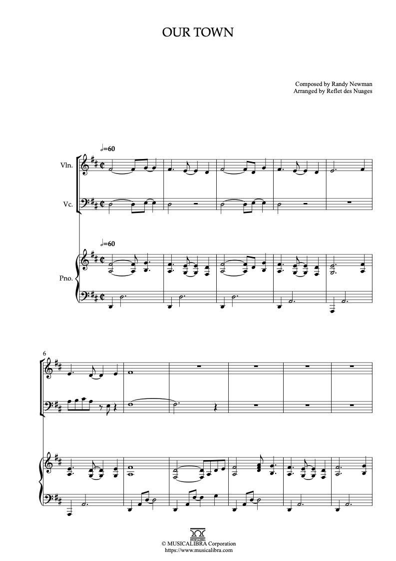 Sheet music of Cars Our Town arranged for violin, cello and piano trio chamber ensemble preview page 1