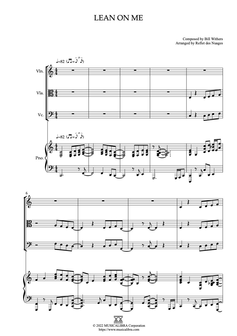 Sheet music of Bill Withers Lean on Me arranged for violin, viola, cello and piano quartet chamber ensemble preview page 1