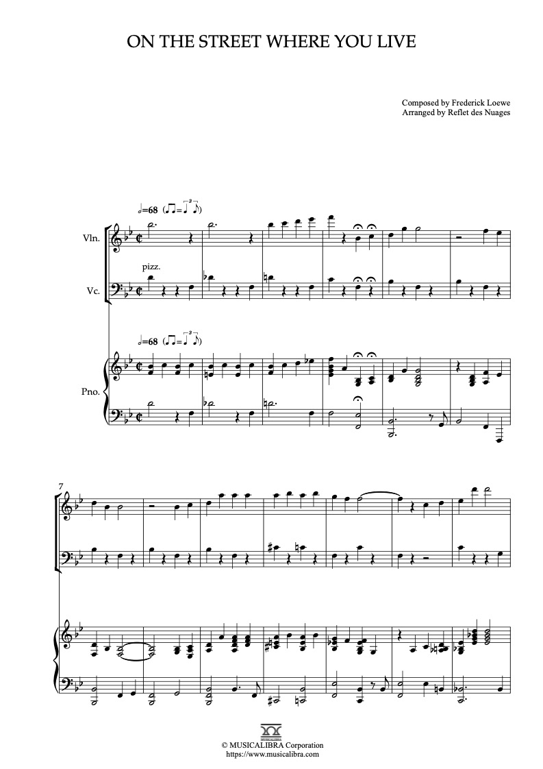 Sheet music of On the Street Where You Live arranged for violin, cello and piano trio chamber ensemble preview page 1