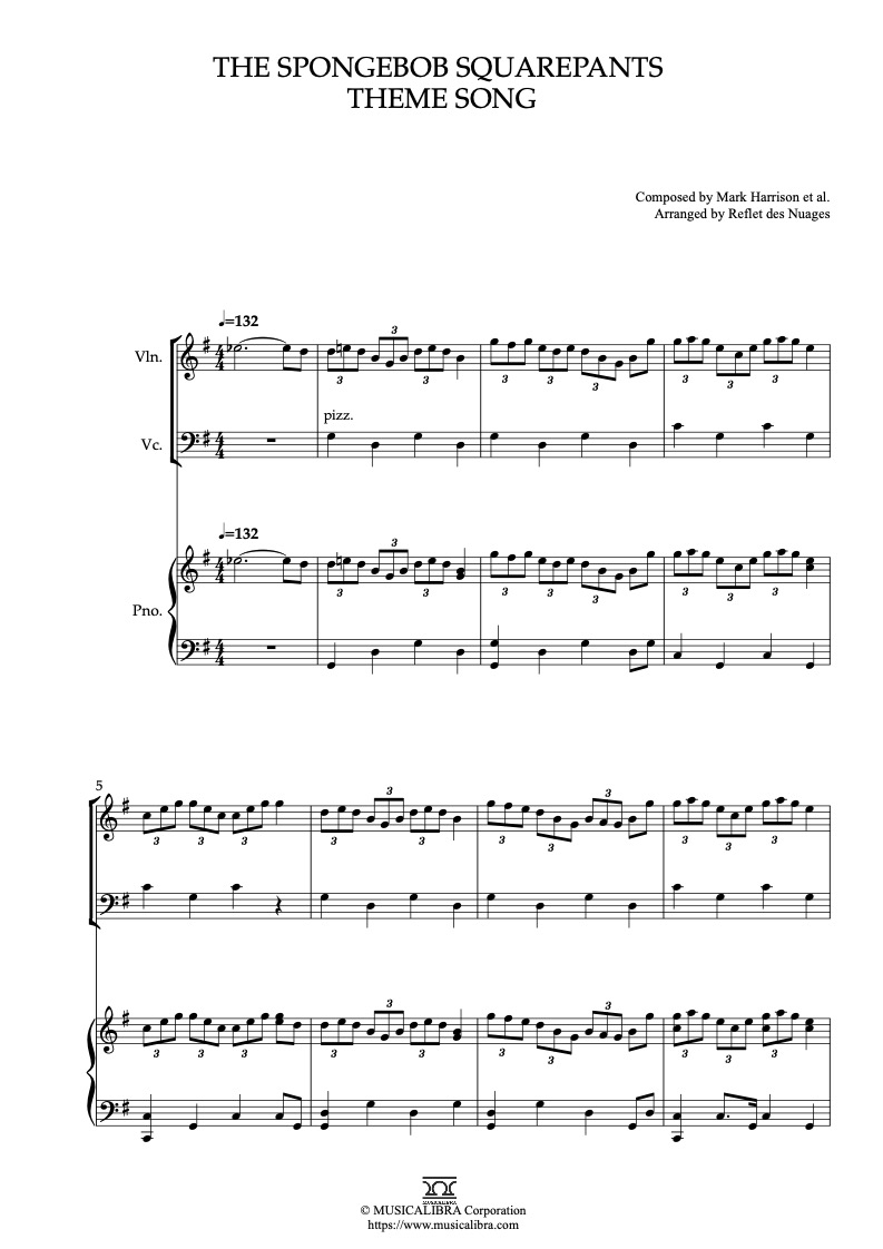 Sheet music of The SpongeBob SquarePants Theme Song arranged for violin, cello and piano trio chamber ensemble preview page 1