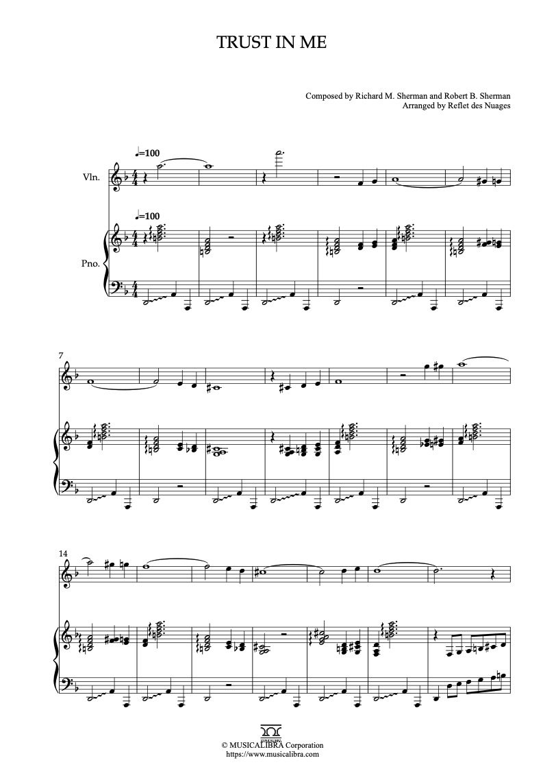 Sheet music of Trust in Me arranged for violin and piano duet chamber ensemble preview page 1