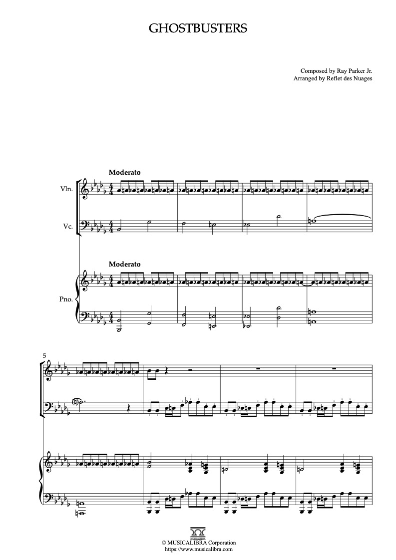 Partitura de Ghostbusters arreglada para trío de violín, violonchelo y piano