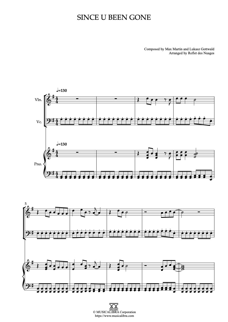 Sheet music of Kelly Clarkson Since U Been Gone arranged for violin, cello and piano trio chamber ensemble preview page 1