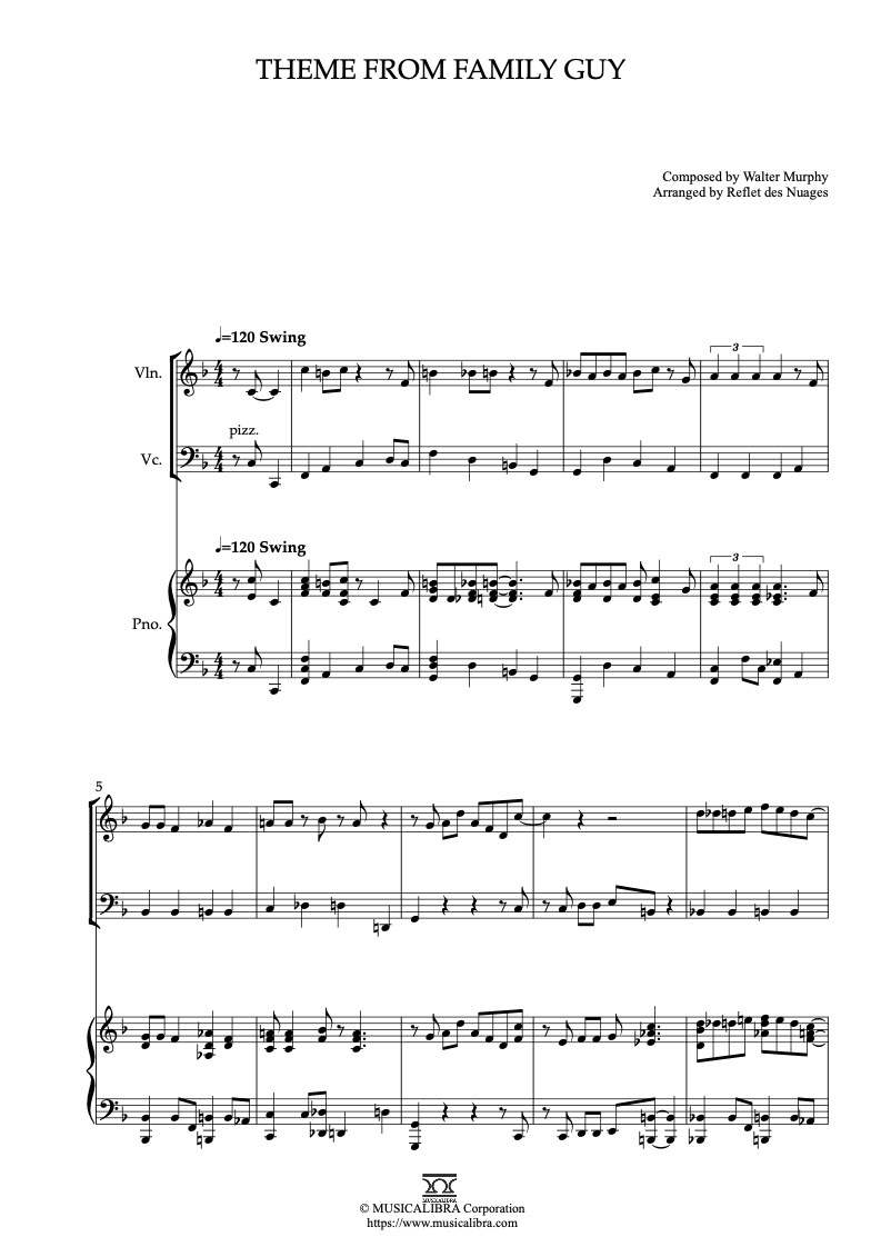 Sheet music of Cloudy With a Chance of Meatballs Main Theme arranged for violin, cello and piano trio chamber ensemble preview page 1