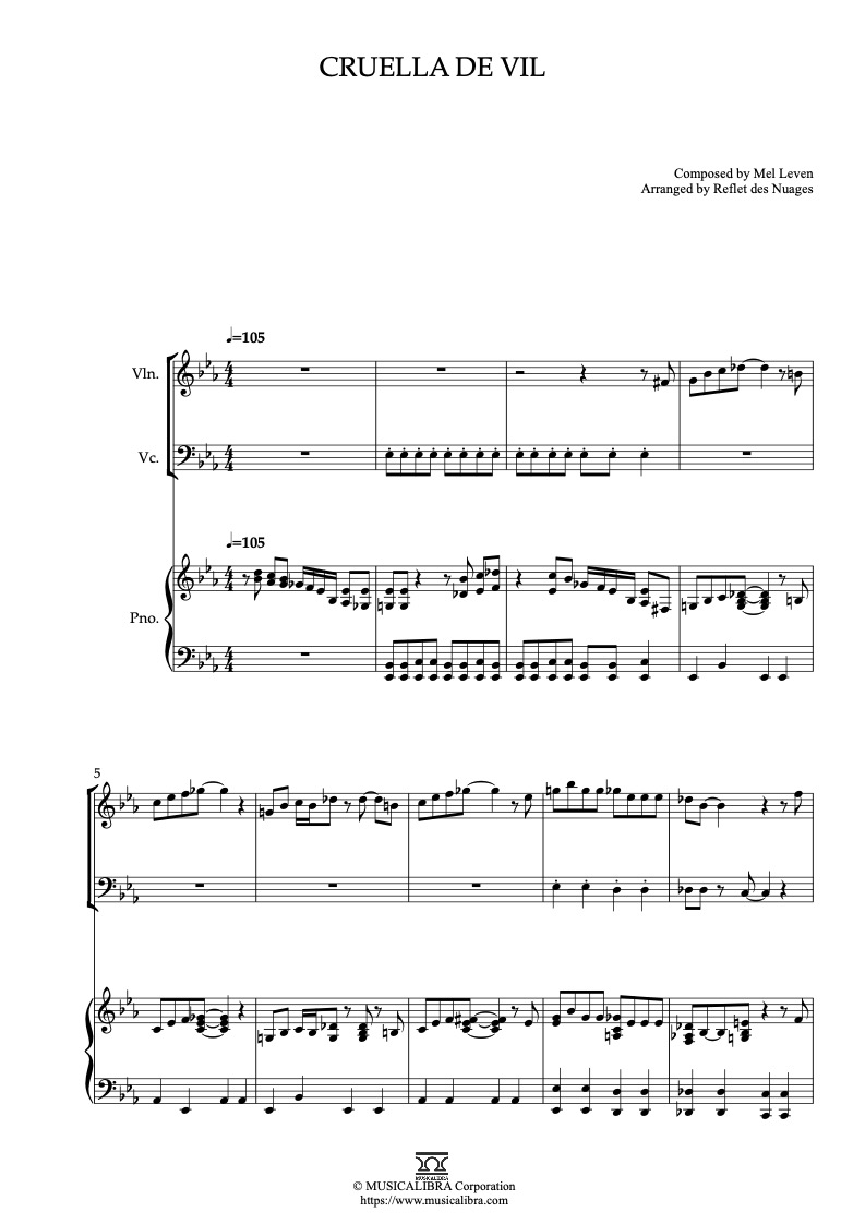 Sheet music of 101 Dalmatians Cruella de Vil arranged for violin, cello and piano trio chamber ensemble preview page 1