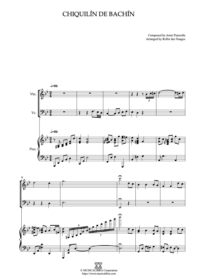 Sheet music of Astor Piazzolla Chiquilín de Bachín arranged for violin, cello and piano trio chamber ensemble preview page 1