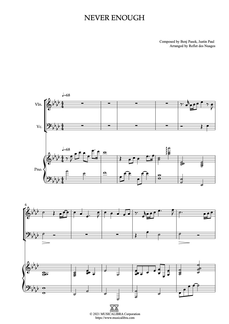 グレイテスト・ショーマン Never Enough From The Greatest Showman 編曲楽譜 - ヴァイオリン、チェロ、ピアノトリオ