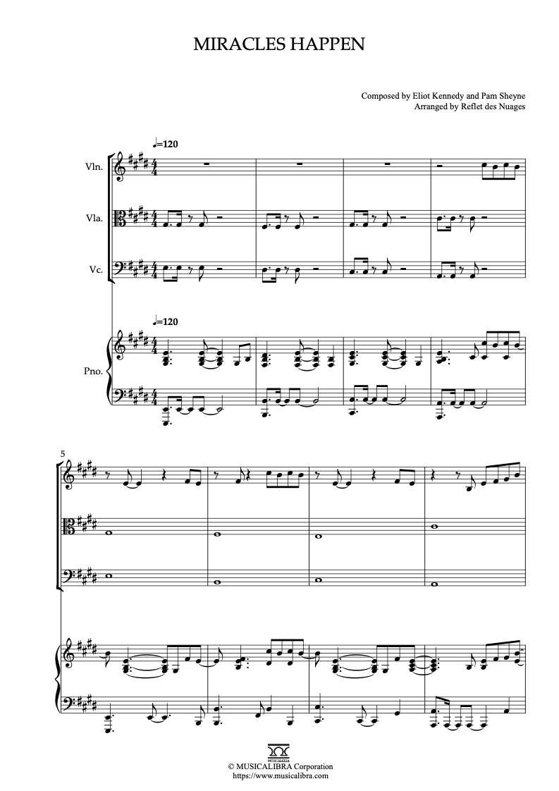 Sheet music of Miracles Happen arranged for violin, viola, cello and piano quartet chamber ensemble preview page 1