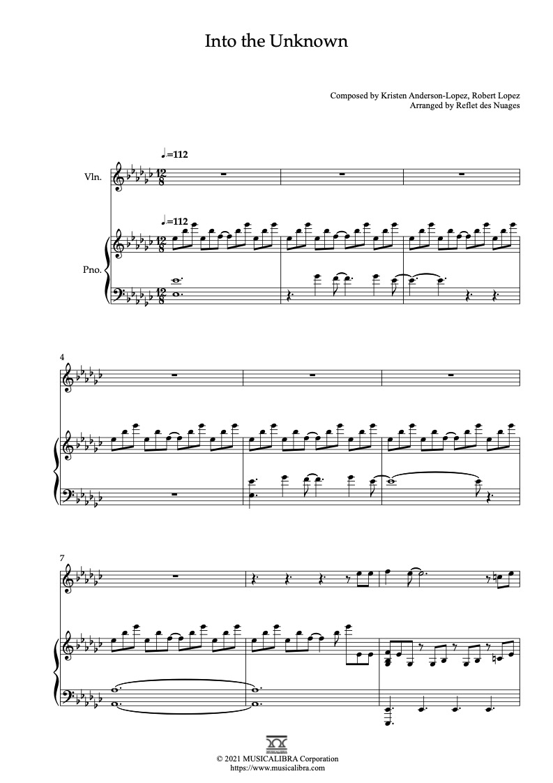 Into the Unknown 二重奏 乐谱 - 小提琴, 钢琴